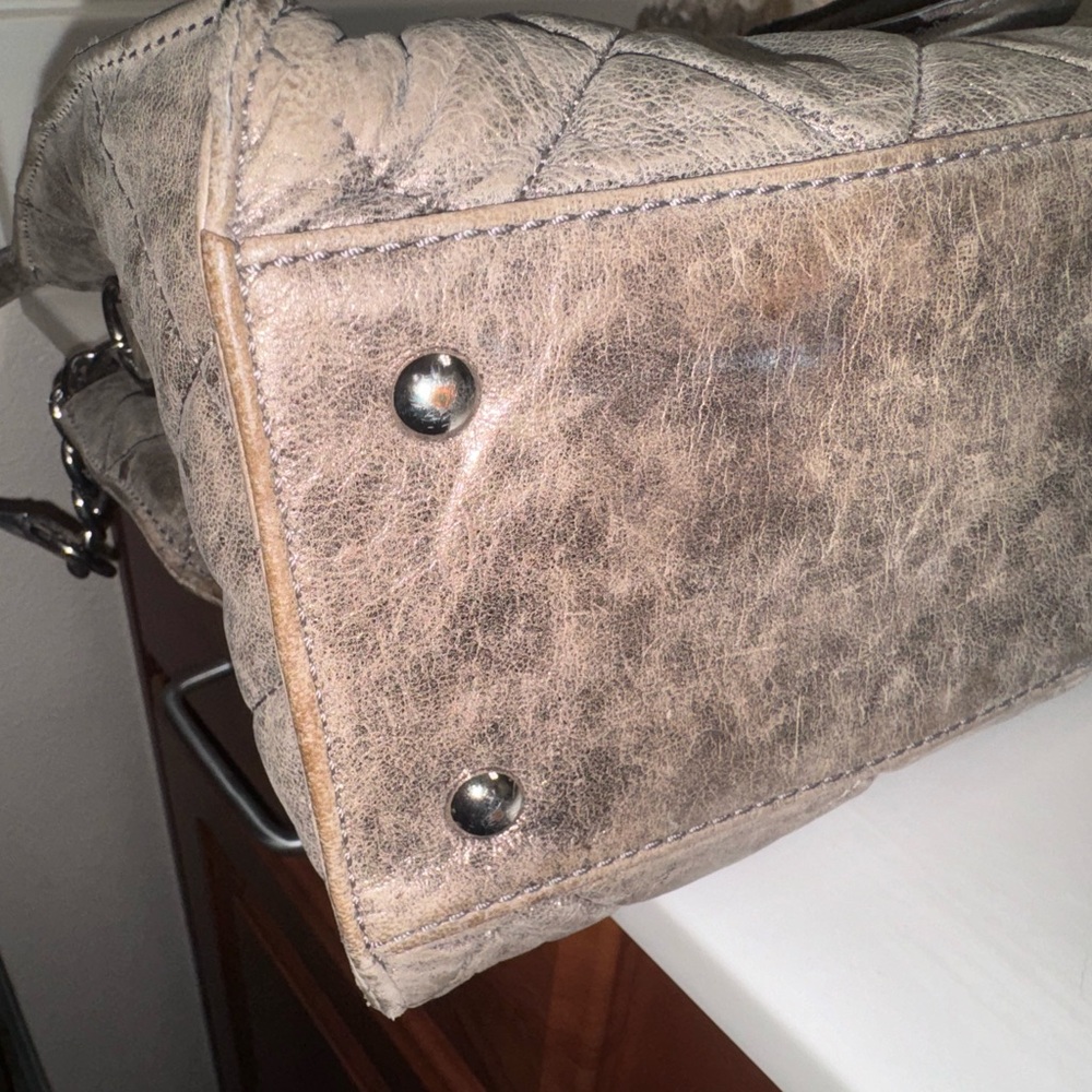 Michael Kors Silver Tan Quilted Satchel GUC - Picture 9 of 13